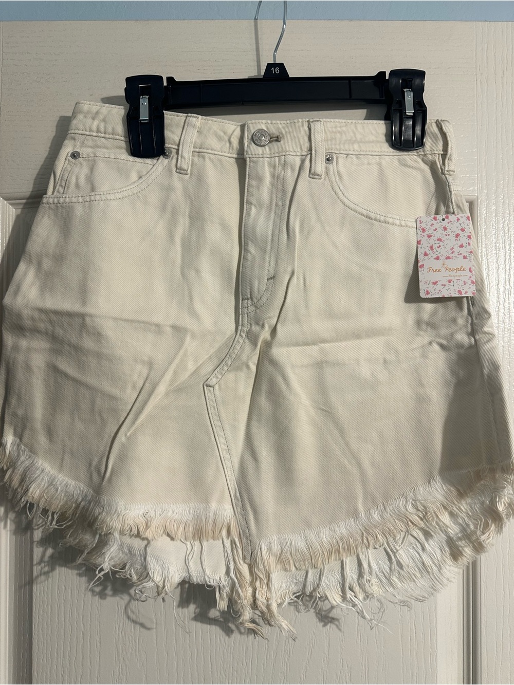 Free People Cream Frayed-Hem Denim Skirt